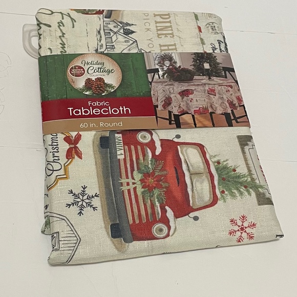 Holiday cottage collection red truck and tree 60” round table cloth - Picture 1 of 5